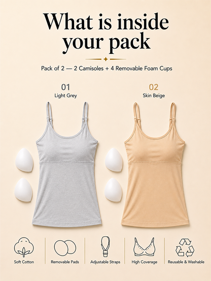 Pack of 2 | Cup Padded High Coverage Cotton Camisole Bra in Grey & Skin Tone with Adjustable Straps | Dchica Essentials