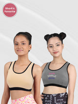 Single-layer Broad Strap Cotton Athletic Bra For Girls | Non Padded Beginner Bra | Printed & Solid Bra Pack of 2