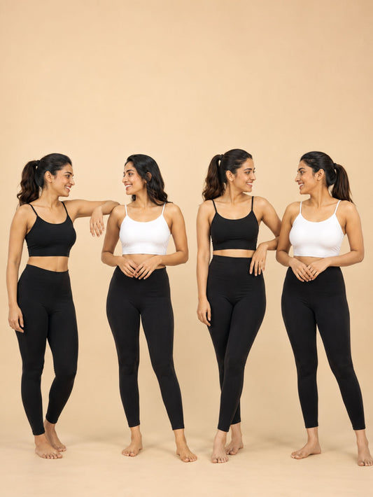 Pack of 4 | Cotton Comfort | Double Layer | Thin Strap | Non-Padded | Printed & Solid | D'CHICA Essentials | Sports Bra – | Dchica Essentials