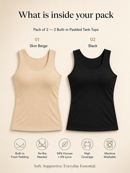 Pack of 2 | Soft & Supportive Fit for Daily Wear | Padded Tank Top For Women's Skin & Black | Dchica Essentials