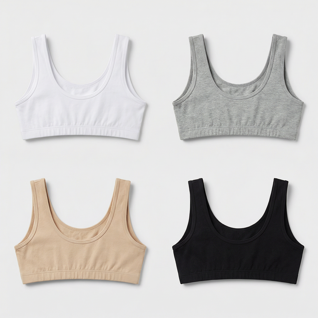 Pack of 4 | Broad Strap | Cotton Comfort | Removable Pads | Elasticated Underband | Good Support | Full Coverage | Multicolour | For Girls | D'CHICA Essentials | Gym Bra – | Dchica Essentials