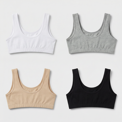 Pack of 4 | Broad Strap | Cotton Comfort | Removable Pads | Elasticated Underband | Good Support | Full Coverage | Multicolour | For Girls | D'CHICA Essentials | Gym Bra – | Dchica Essentials