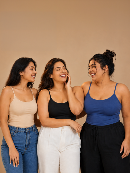 Pack of 3 | Skin Tone | Black | Blue | Cup Padded Cotton High Coverage Camisole Bra with Adjustable Strap | Dchica Essentials