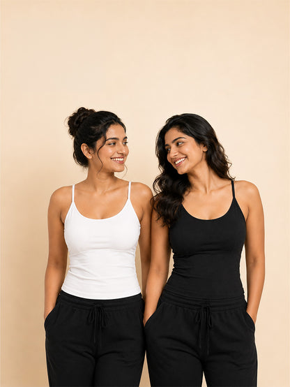 Pack of 2 | Foam Padded with Adjustable Straps White & Black High Coverage Cotton Camisole Bra for Women | Dchica Essentials