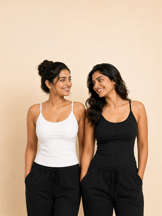 Pack of 2 | Foam Padded with Adjustable Straps White & Black High Coverage Cotton Camisole Bra for Women | Dchica Essentials