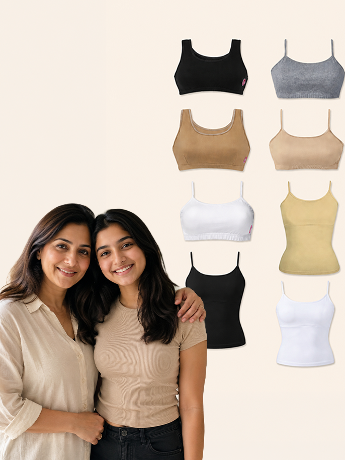 Pack of 8 | Camisole & Sports Bra Combo – Padded & Non-Padded Cotton Bras for Teens | Dchica Essentials