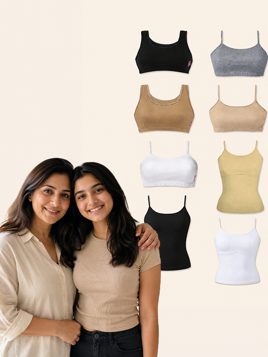 Pack of 8 | Camisole & Sports Bra Combo – Padded & Non-Padded Cotton Bras for Teens | Dchica Essentials