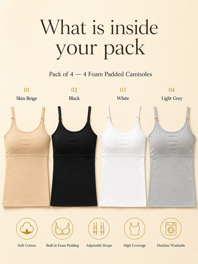 Pack of 4 | High Coverage | Cotton Comfort | Foam Padded | Adjustable Strap | Solid (Skin, White, Grey & Black) | For Women | D'CHICA Essentials | Camisole Bra – | Dchica Essentials