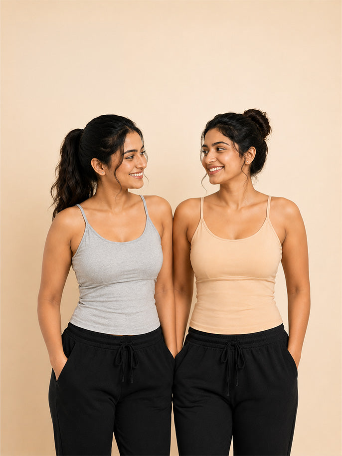 Pack of 2 | Foam Padded with Adjustable Straps Grey & Skin Tone High Coverage Cotton Camisole Bra for Women | Dchica Essentials