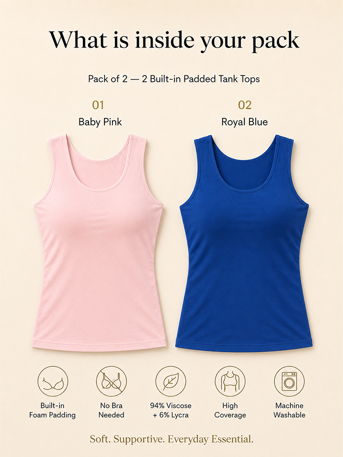 Pack of 2 | Soft & Supportive Fit for Daily Wear | Padded Tank Top For Women's Pink & Royal Blue | Dchica Essentials