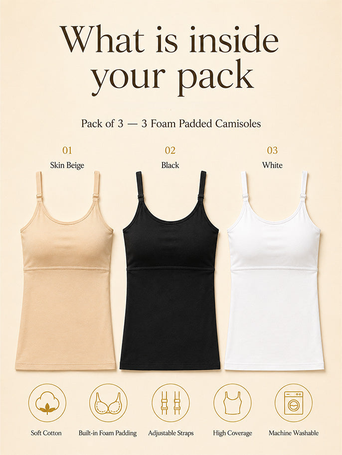 Pack of 3 | High Coverage | Cotton Comfort | Foam Padded | Adjustable Strap | Solid (Skin, White & Black) | For Women | D'CHICA Essentials | Camisole Bra – | Dchica Essentials