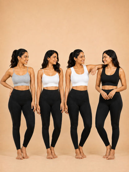 Pack of 4 | Non Padded Bra For Young Women | Solid Bra | Double-layer Broad & Thin Strap Cotton Sports Bra | Dchica Essentials