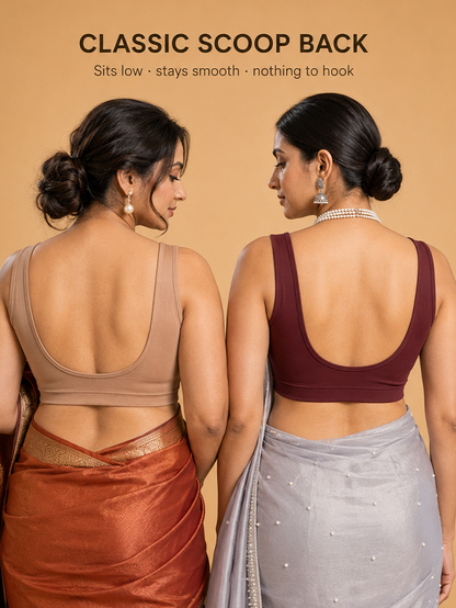 Pack of 2 Deep neck Padded Saree Blouse for Women | Wire-Free | Viscose Spandex | Full Coverage | Size S–4XL