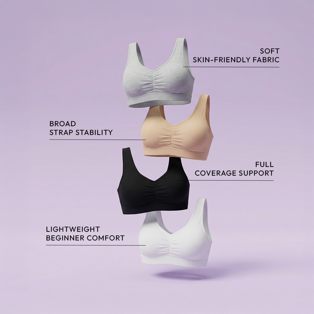 Pack of 4 | Broad Strap | Cotton Comfort | Removable Pads | Elasticated Underband | Good Support | Full Coverage | Multicolour | For Girls | D'CHICA Essentials | Gym Bra – | Dchica Essentials