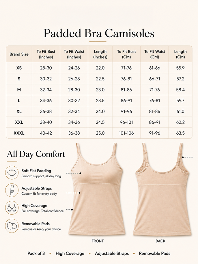 Pack of 3 | Skin Tone | Pink | Black | Cup Padded Cotton High Coverage Camisole Bra with Adjustable Strap | Dchica Essentials