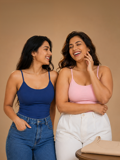 Pack of 2 | Cup Padded High Coverage Cotton Camisole Bra with Adjustable Straps in Pink & Blue | Dchica Essentials