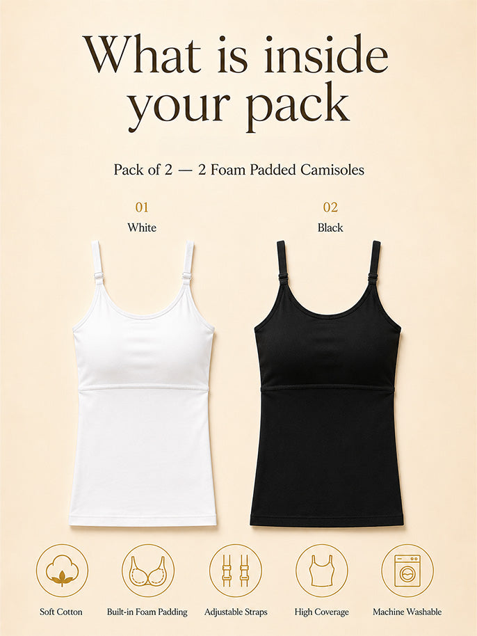 Pack of 2 | Foam Padded with Adjustable Straps White & Black High Coverage Cotton Camisole Bra for Women | Dchica Essentials