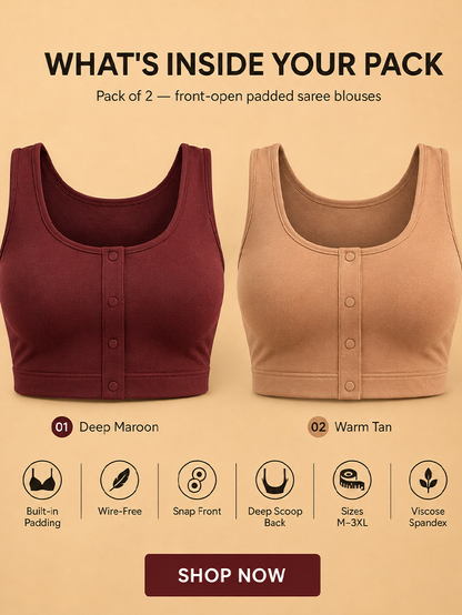 Pack of 2 Deep neck Padded Saree Blouse for Women | Wire-Free | Viscose Spandex | Full Coverage | Size S–4XL