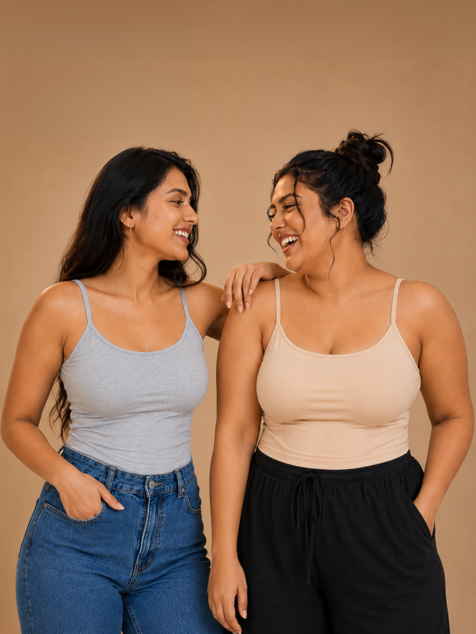 Pack of 2 | Cup Padded High Coverage Cotton Camisole Bra in Grey & Skin Tone with Adjustable Straps | Dchica Essentials