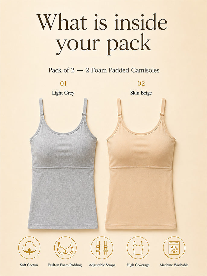 Pack of 2 | Foam Padded with Adjustable Straps Grey & Skin Tone High Coverage Cotton Camisole Bra for Women | Dchica Essentials