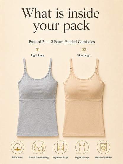 Pack of 2 | Foam Padded with Adjustable Straps Grey & Skin Tone High Coverage Cotton Camisole Bra for Women | Dchica Essentials