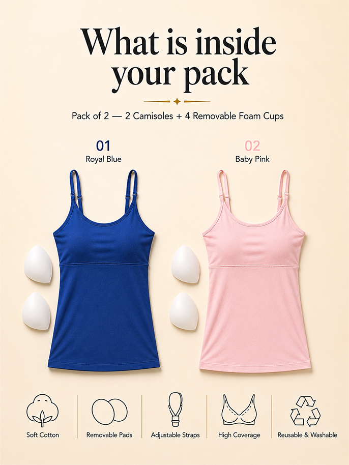 Pack of 2 | Cup Padded High Coverage Cotton Camisole Bra with Adjustable Straps in Pink & Blue | Dchica Essentials