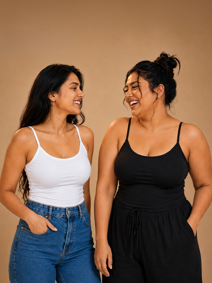 Pack of 2 | Cup Padded High Coverage Cotton Camisole Bra with Adjustable Straps in White & Black | Dchica Essentials