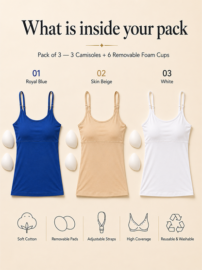 Pack of 3 | Skin Tone | White | Blue | Cup Padded Cotton High Coverage Camisole Bra with Adjustable Strap | Dchica Essentials