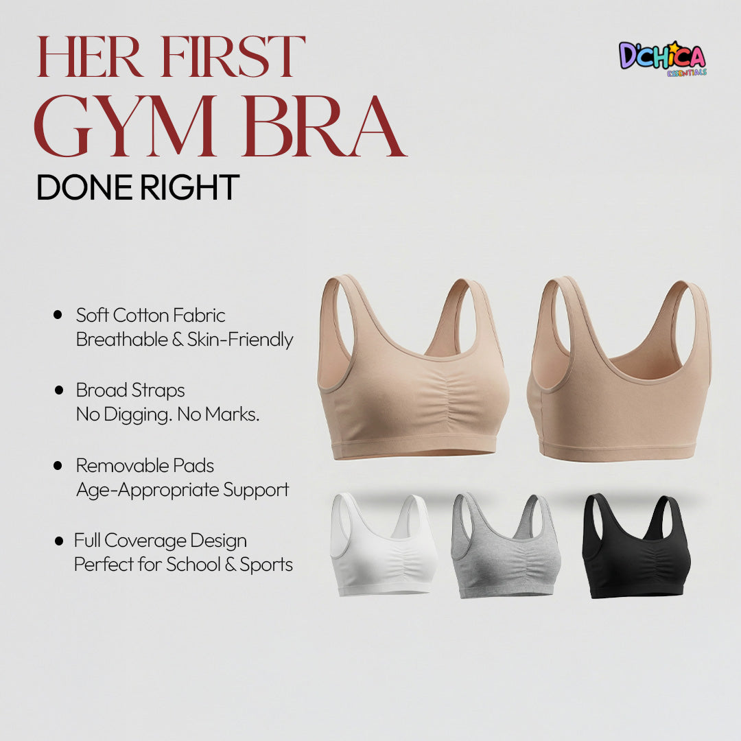 Pack of 4 | Broad Strap | Cotton Comfort | Removable Pads | Elasticated Underband | Good Support | Full Coverage | Multicolour | For Girls | D'CHICA Essentials | Gym Bra – | Dchica Essentials
