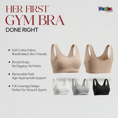 Pack of 4 | Broad Strap | Cotton Comfort | Removable Pads | Elasticated Underband | Good Support | Full Coverage | Multicolour | For Girls | D'CHICA Essentials | Gym Bra – | Dchica Essentials