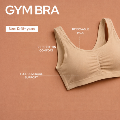 Pack of 2 | Removable Pads | Elasticated Underbrand | Good Support | Full Coverage | Grey & Skin Sports Bra | Broad Strap Cotton Gym Bra for Girls | Dchica Essentials