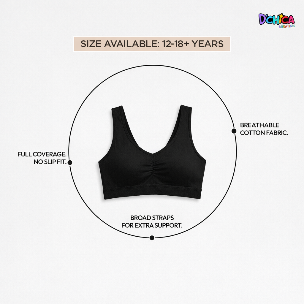 Pack of 2 | Removable Pads | Elasticated Underbrand | Good Support | Full Coverage | White & Black Sports Bra | Broad Strap Cotton Gym Bra for Girls | Dchica Essentials