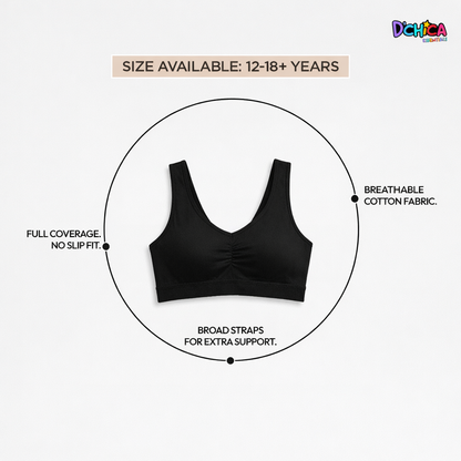 Pack of 2 | Removable Pads | Elasticated Underbrand | Good Support | Full Coverage | White & Black Sports Bra | Broad Strap Cotton Gym Bra for Girls | Dchica Essentials