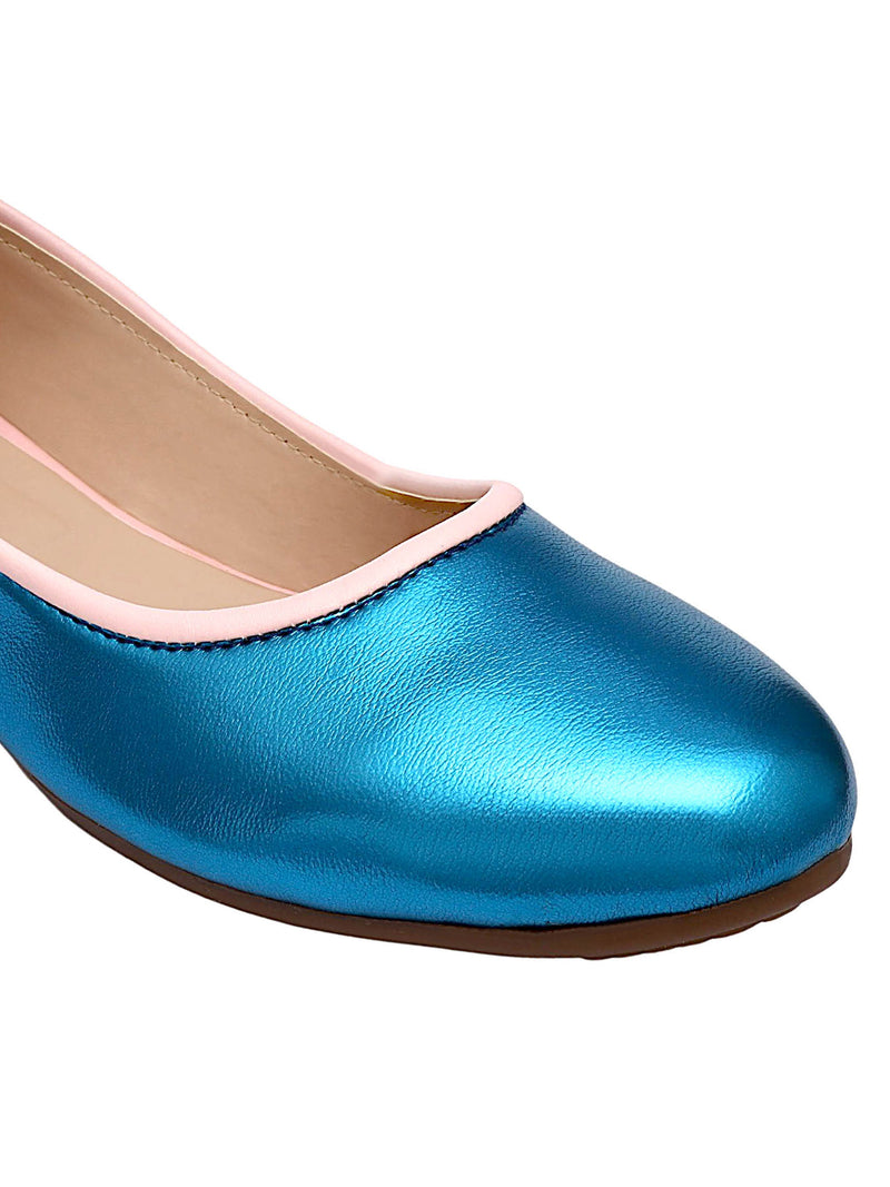 Glossy Blue Round Toe Slip On Ballerinas - D'chica