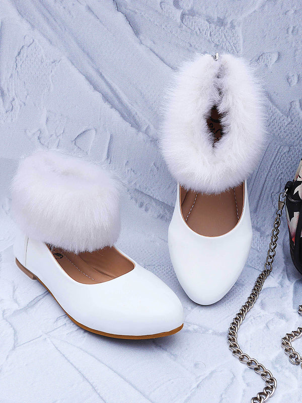White Closed Toe Ballerina Flats With Ankle Fur