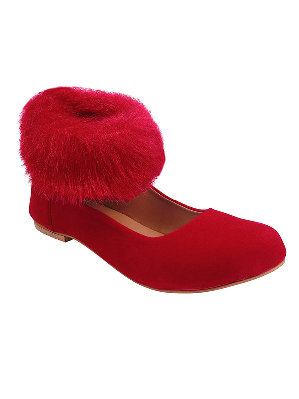 Red Closed Toe Ballerina Flats With Ankle Fur