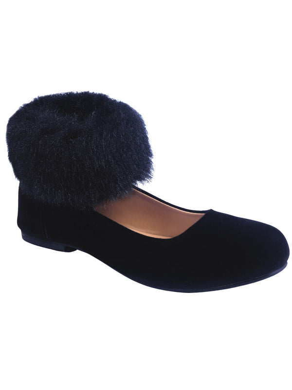 Black Closed Toe Ballerina Flats With Ankle Fur - D'chica