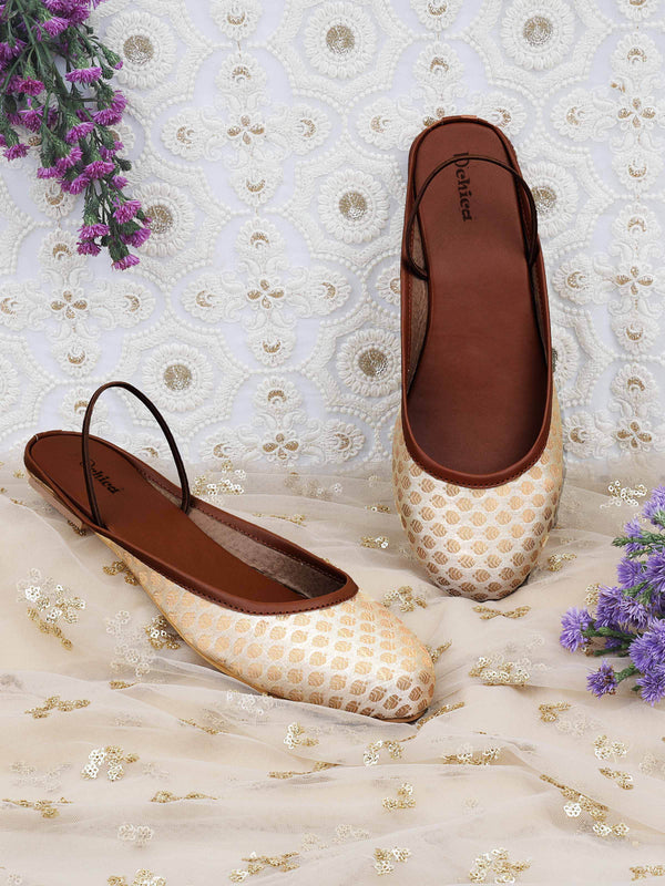 Embroidered Slingback Ethnic Mules | Cream & Golden Jutties