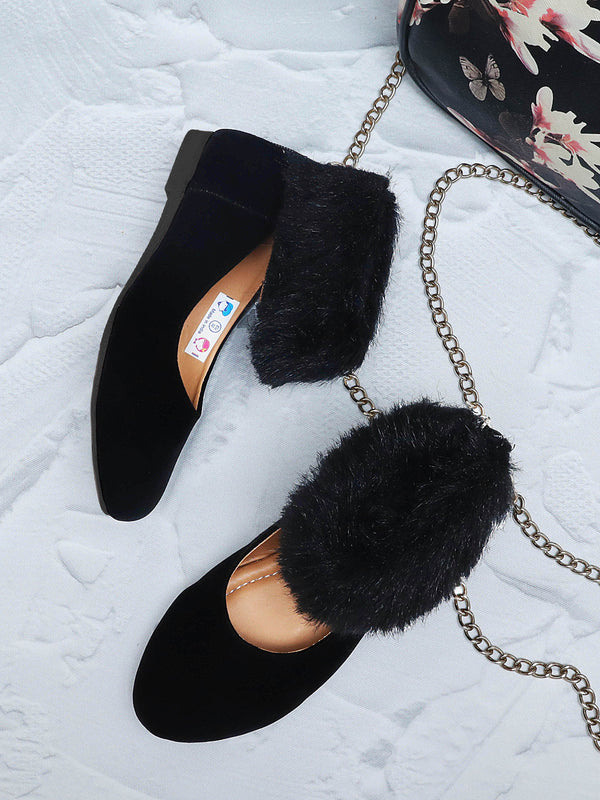 Black Closed Toe Ballerina Flats With Ankle Fur