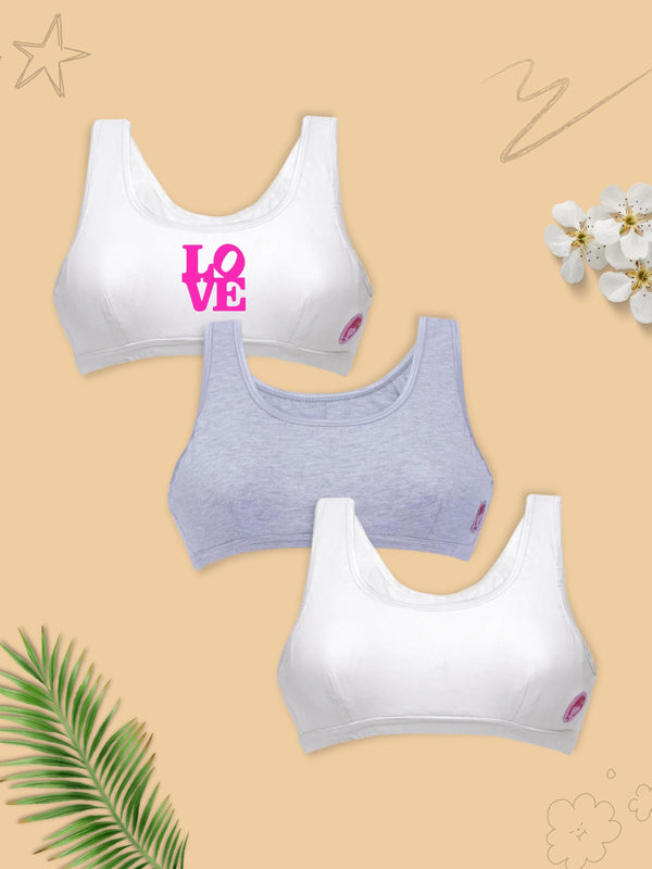 Set of 3 Non Wired Beginner/Sports Bras For Girls Grey and White