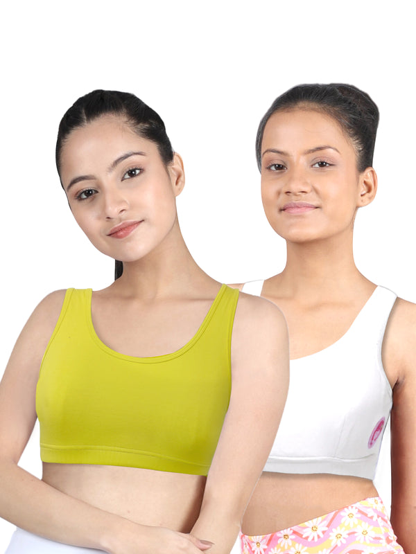DOUBLE-LAYER BROAD STRAP COTTON SPORTS BRA | NON PADDED BEGINNER BRA FOR GIRLS & YOUNG WOMEN | NEON GREEN & WHITE PACK OF 2 - D'chica