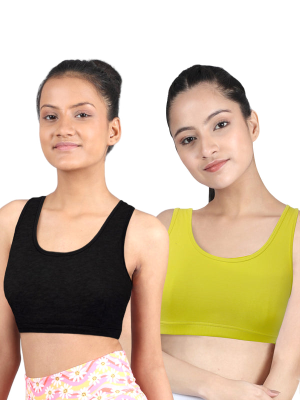 DOUBLE-LAYER BROAD STRAP COTTON SPORTS BRA | NON PADDED BEGINNER BRA FOR GIRLS & YOUNG WOMEN | NEON GREEN & BLACK PACK OF 2 - D'chica