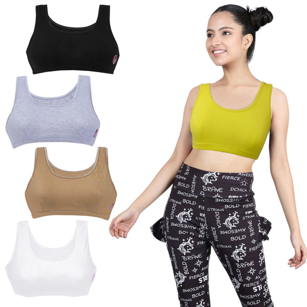 DOUBLE-LAYER BROAD STRAP COTTON SPORTS BRA | NON PADDED BEGINNER BRA FOR YOUNG WOMEN | MULTICOLOUR  PACK OF 5 - D'chica