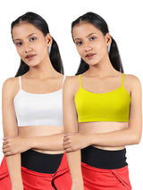 DOUBLE-LAYER THIN STRAP COTTON ATHLETIC BRAS | NON PADDED BEGINNER BRA FOR GIRLS & YOUNG WOMEN | NEON GREEN & WHITE PACK OF 2 - D'chica