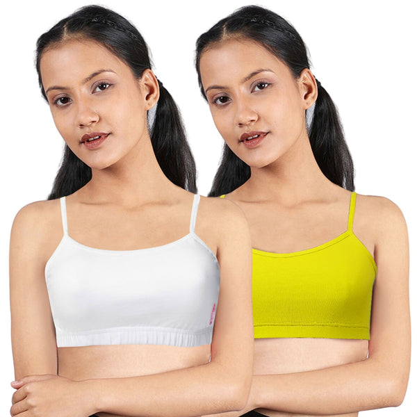 DOUBLE-LAYER THIN STRAP COTTON ATHLETIC BRAS | NON PADDED BEGINNER BRA FOR YOUNG WOMEN | NEON GREEN & WHITE PACK OF 1 - D'chica