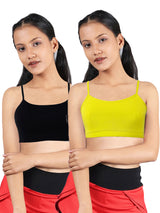 DOUBLE-LAYER THIN STRAP COTTON ATHLETIC BRAS | NON PADDED BEGINNER BRA FOR GIRLS & YOUNG WOMEN | NEON GREEN & BLACK PACK OF 2 - D'chica