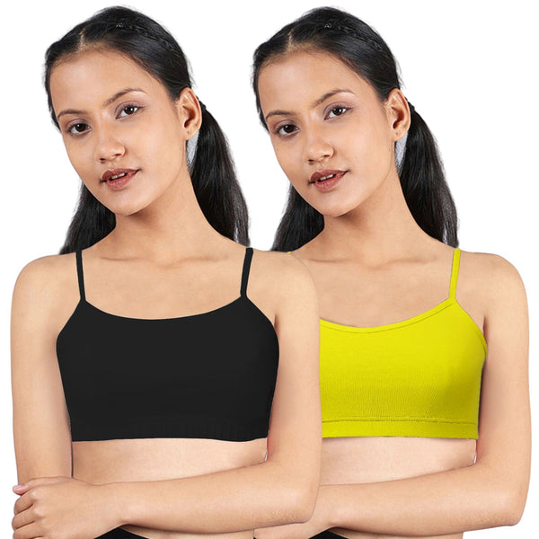 DOUBLE-LAYER THIN STRAP COTTON ATHLETIC BRAS | NON PADDED BEGINNER BRA FOR YOUNG WOMEN | NEON GREEN & BLACK PACK OF 1 - D'chica