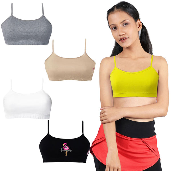DOUBLE-LAYER THIN STRAP COTTON ATHLETIC BRAS | NON PADDED BEGINNER BRA FOR YOUNG WOMEN | MULTICOLOUR PACK OF 5 - D'chica