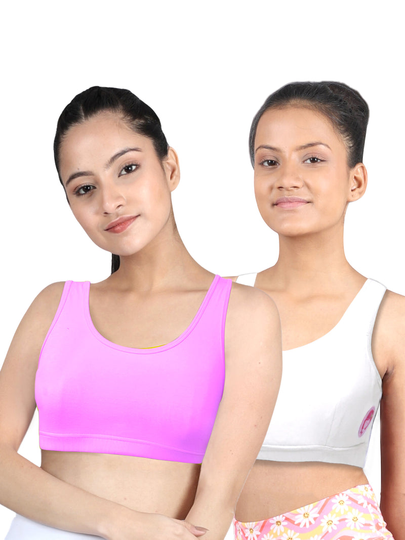 DOUBLE-LAYER BROAD STRAP COTTON SPORTS BRA | NON PADDED BEGINNER BRA FOR GIRLS & YOUNG WOMEN | NEON GREEN & WHITE PACK OF 2