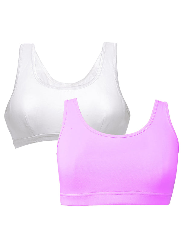 DOUBLE-LAYER BROAD STRAP COTTON SPORTS BRA | NON PADDED BEGINNER BRA FOR GIRLS & YOUNG WOMEN | NEON GREEN & WHITE PACK OF 2 - D'chica